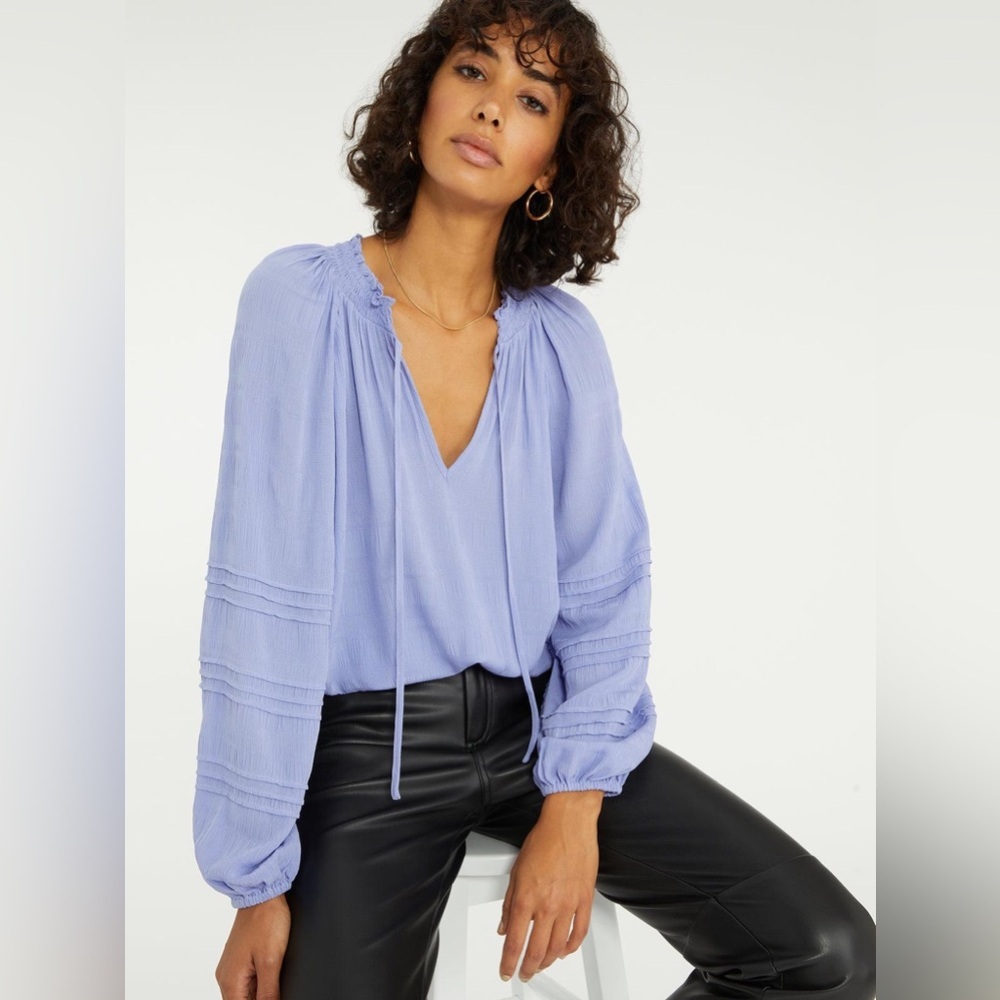 Sanctuary Anthro Cooler Nights Blouse Digital Violet Smocked Collar Tie Neck L